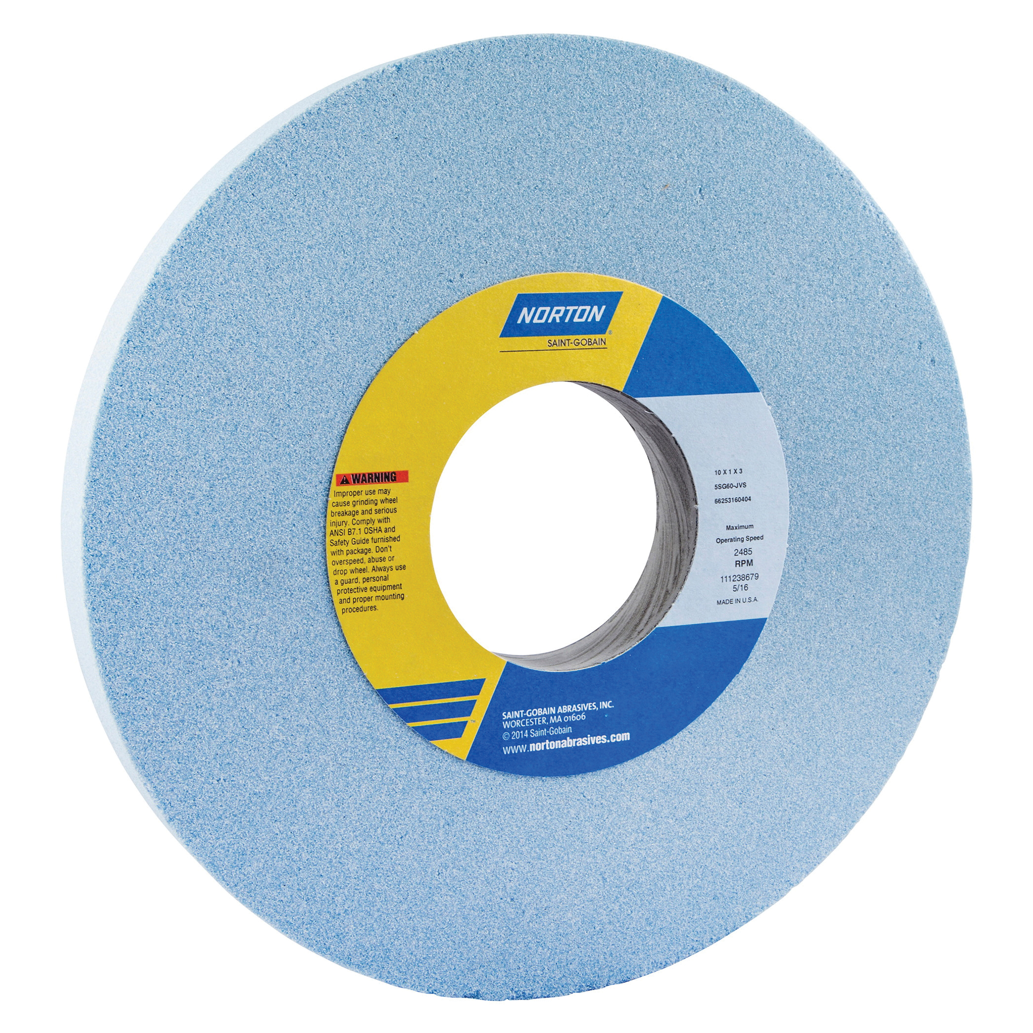 Norton® 66253160403 5SG Straight Toolroom Wheel, 10 in Dia x 1 in THK, 3 in Center Hole, 60 Grit, Ceramic Alumina/Friable Aluminum Oxide Abrasive