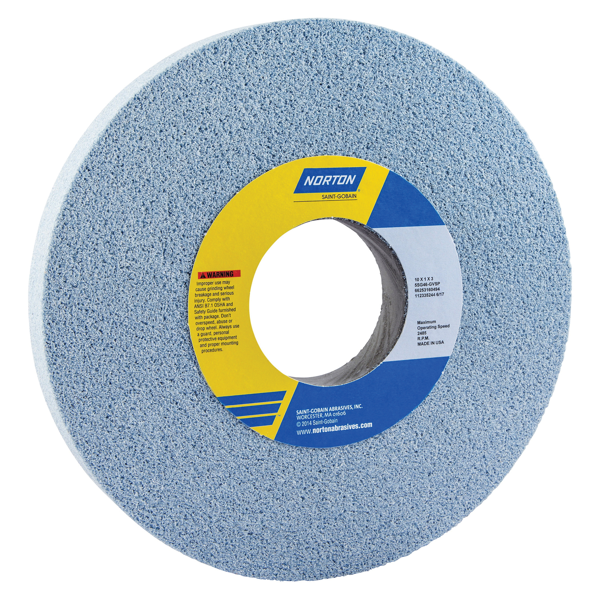 Norton® 66253160495 5SG Straight Toolroom Wheel, 10 in Dia x 1 in THK, 3 in Center Hole, 60 Grit, Ceramic Alumina/Friable Aluminum Oxide Abrasive