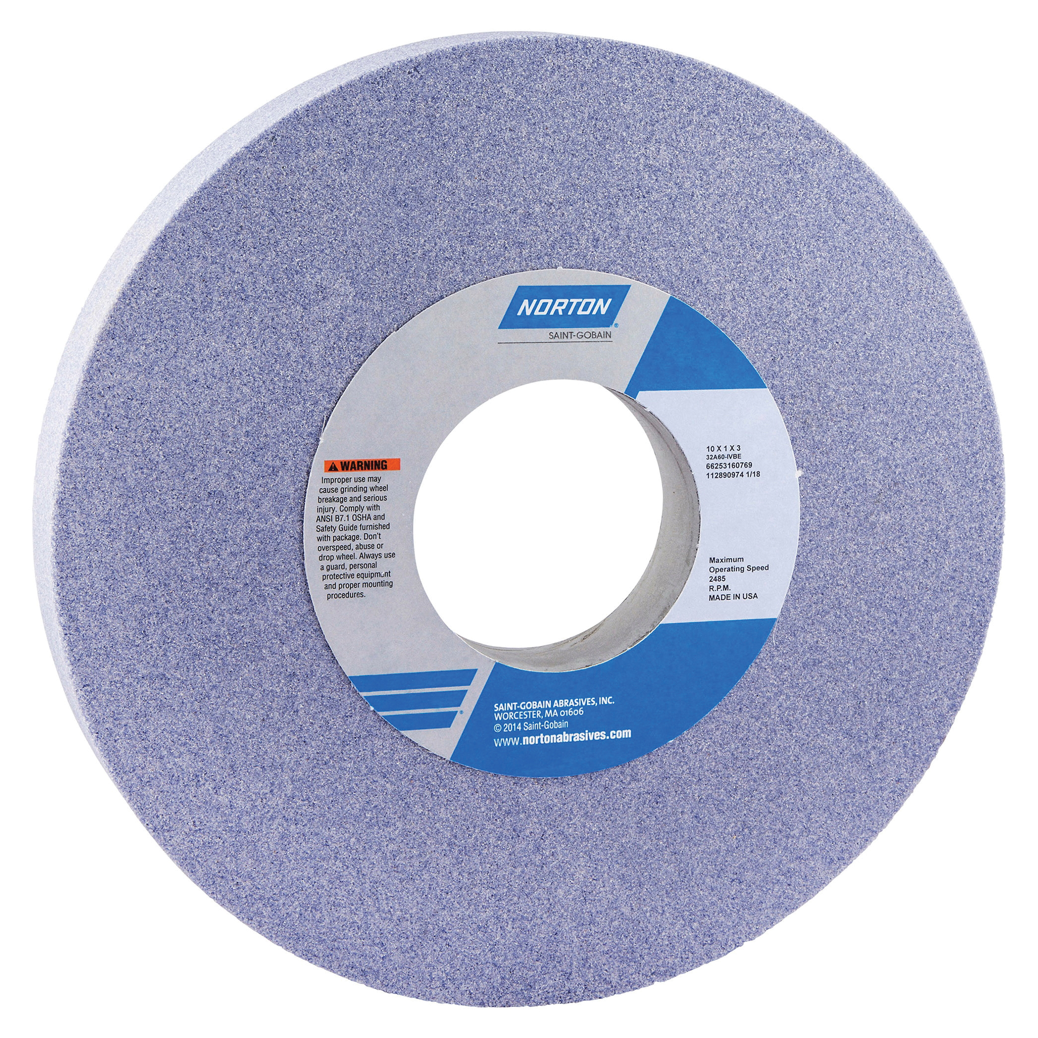 Norton® 66253160769 32A Straight Toolroom Wheel, 10 in Dia x 1 in THK, 3 in Center Hole, 60 Grit, Aluminum Oxide Abrasive