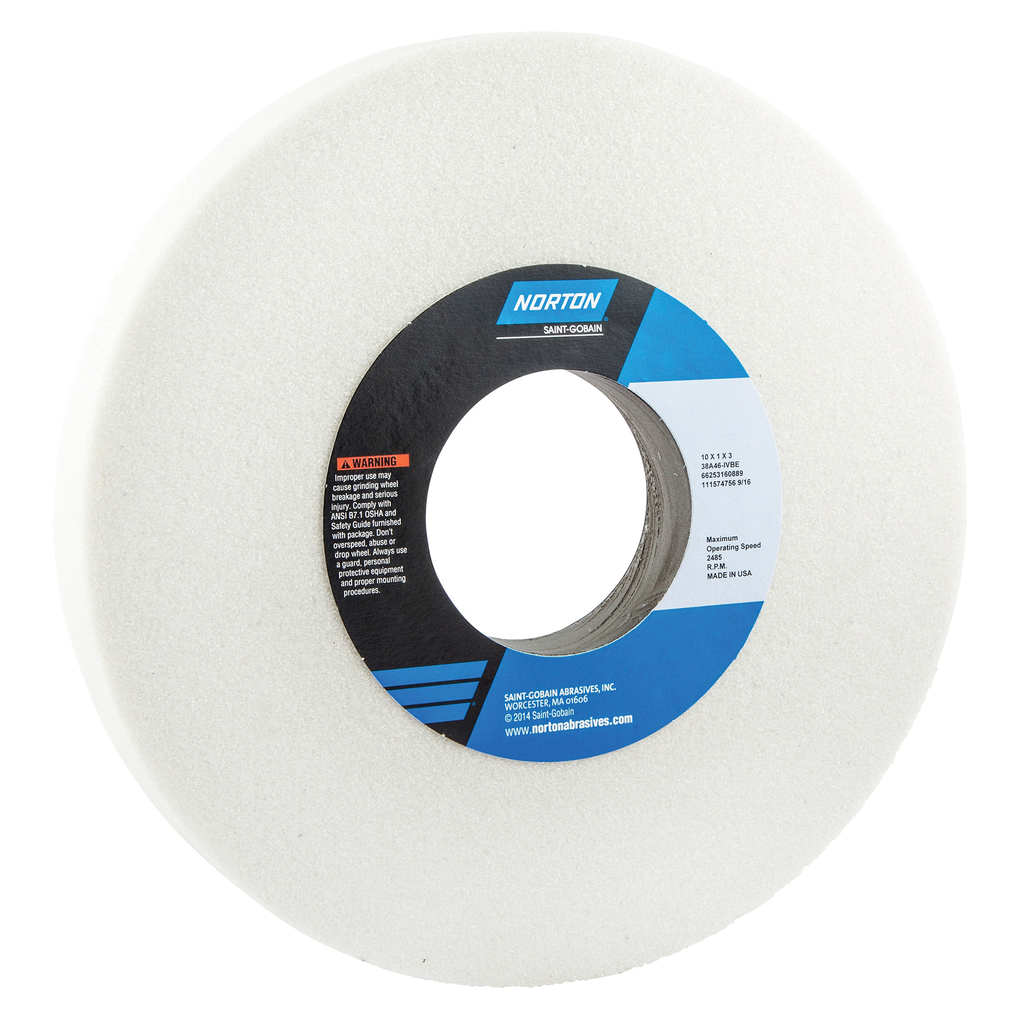 Norton® 66253160889 38A Straight Toolroom Wheel, 10 in Dia x 1 in THK, 3 in Center Hole, 46 Grit, Aluminum Oxide Abrasive