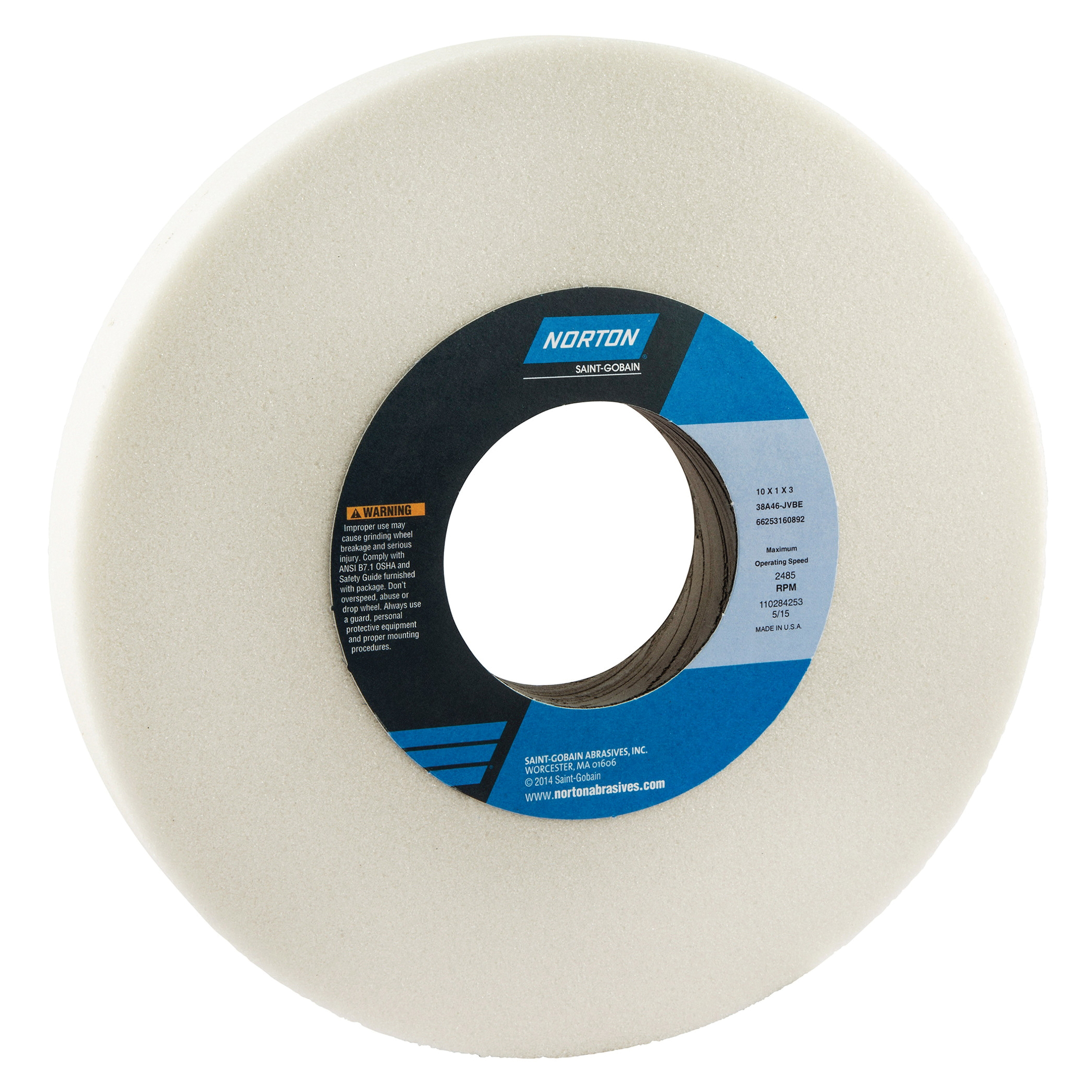 Norton® 66253160892 38A Straight Toolroom Wheel, 10 in Dia x 1 in THK, 3 in Center Hole, 46 Grit, Aluminum Oxide Abrasive
