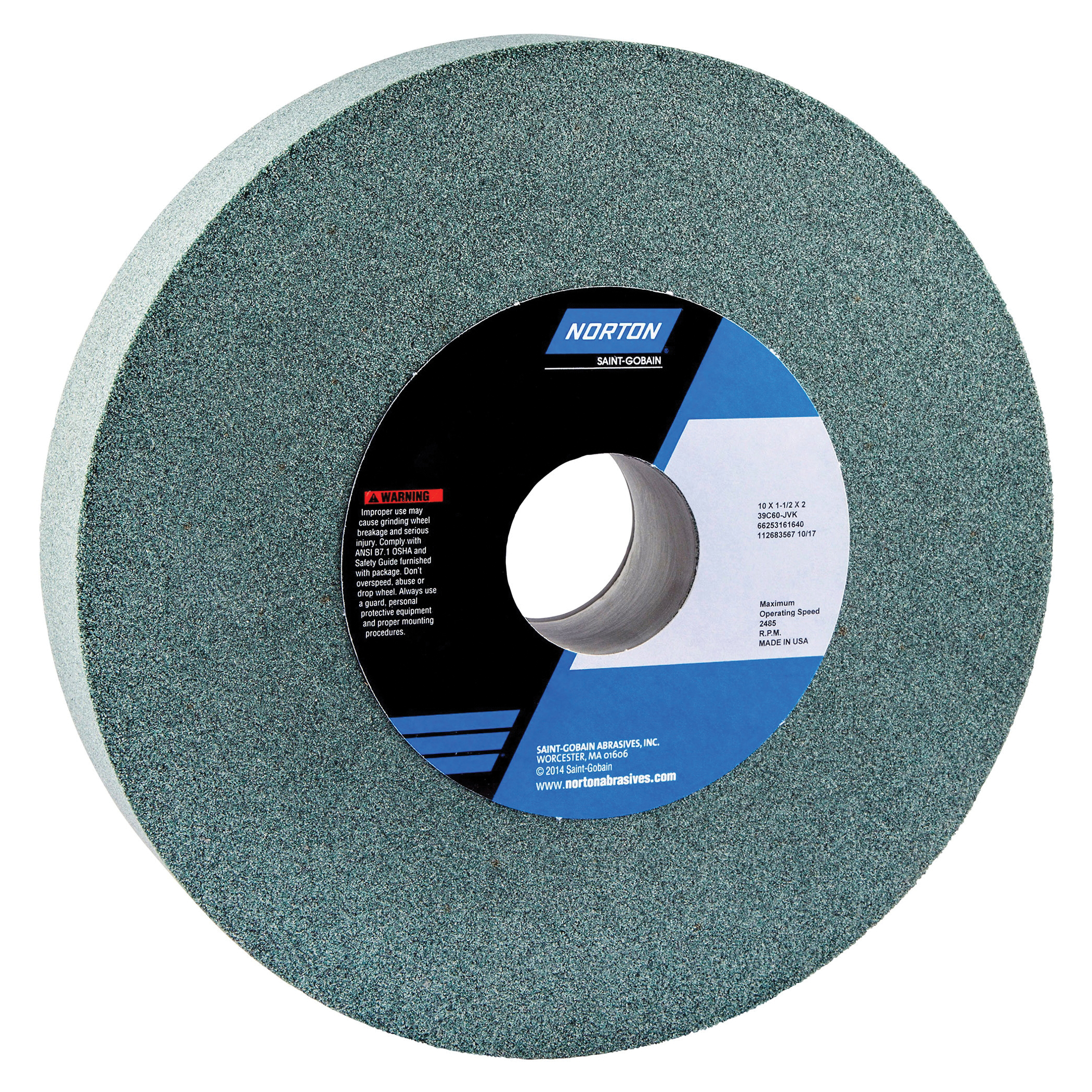 Norton® 66253161640 39C Straight Toolroom Wheel, 10 in Dia x 1-1/2 in THK, 2 in Center Hole, 60 Grit, Silicon Carbide Abrasive