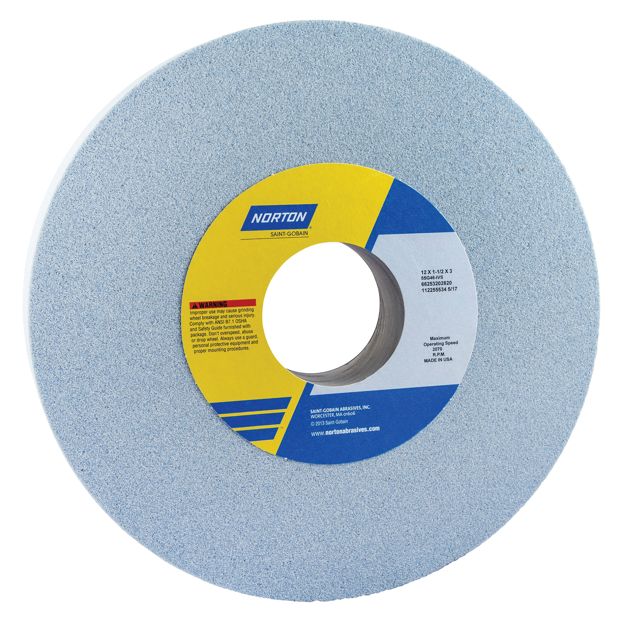 Norton® 66253202820 5SG Straight Toolroom Wheel, 12 in Dia x 1-1/2 in THK, 3 in Center Hole, 46 Grit, Ceramic Alumina/Friable Aluminum Oxide Abrasive