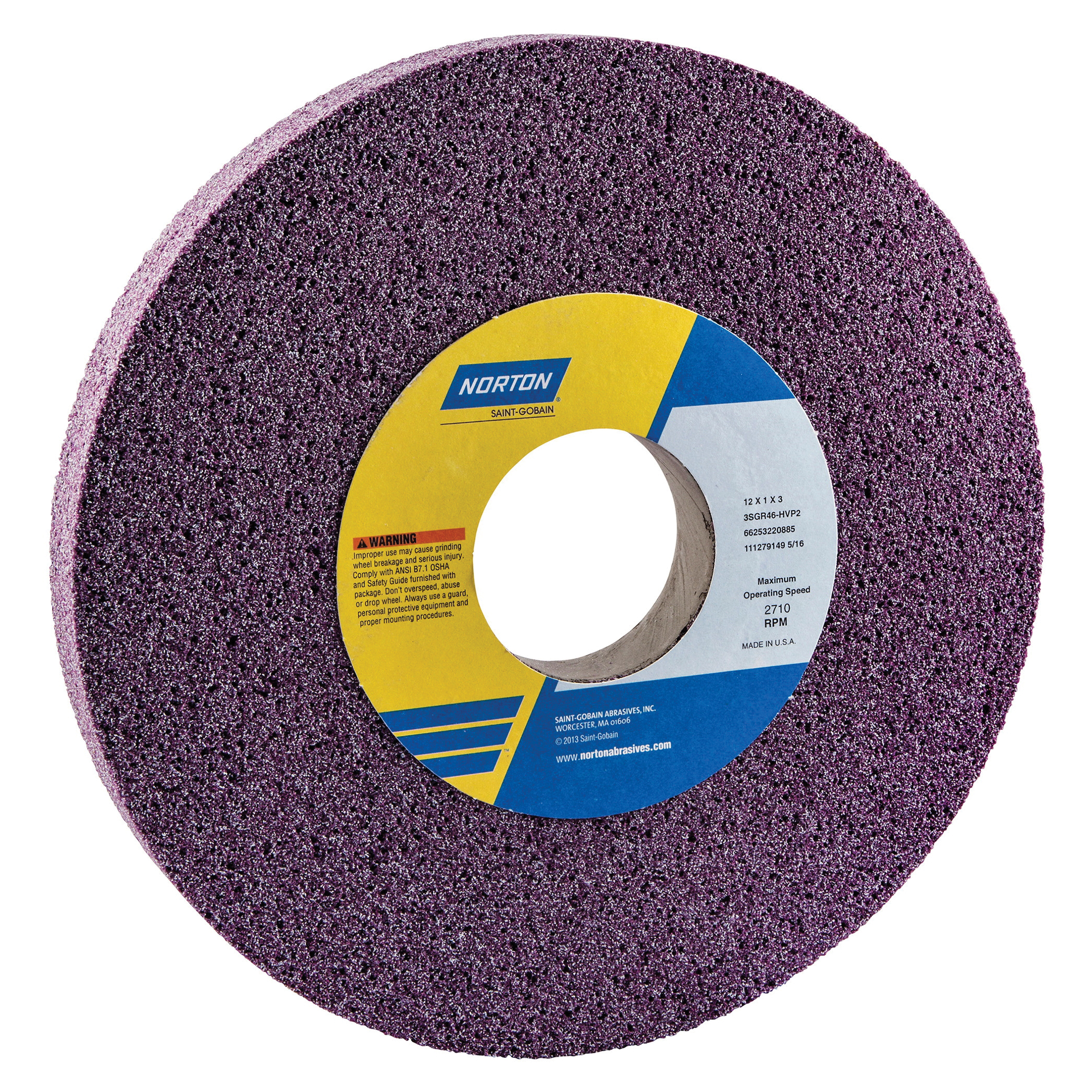 Norton® 66253220885 3SGR Straight Toolroom Wheel, 12 in Dia x 1 in THK, 3 in Center Hole, 46 Grit, Ceramic Alumina Abrasive