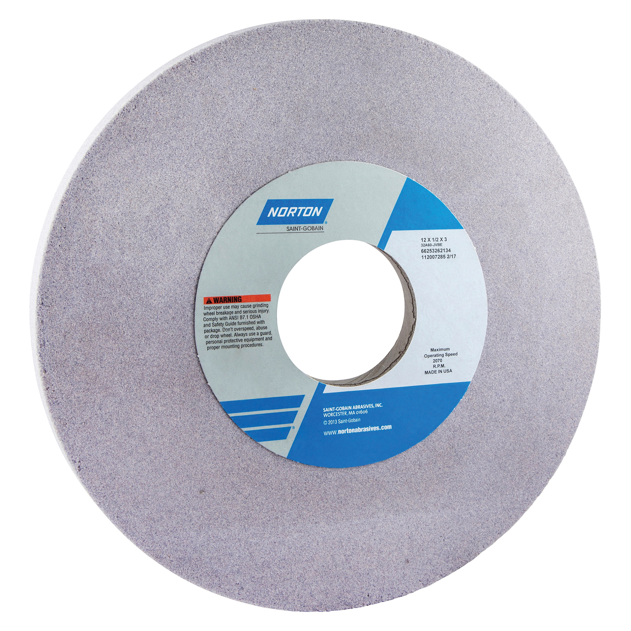 Norton® 66253262110 32A Straight Toolroom Wheel, 12 in Dia x 1/2 in THK, 3 in Center Hole, 80 Grit, Aluminum Oxide Abrasive