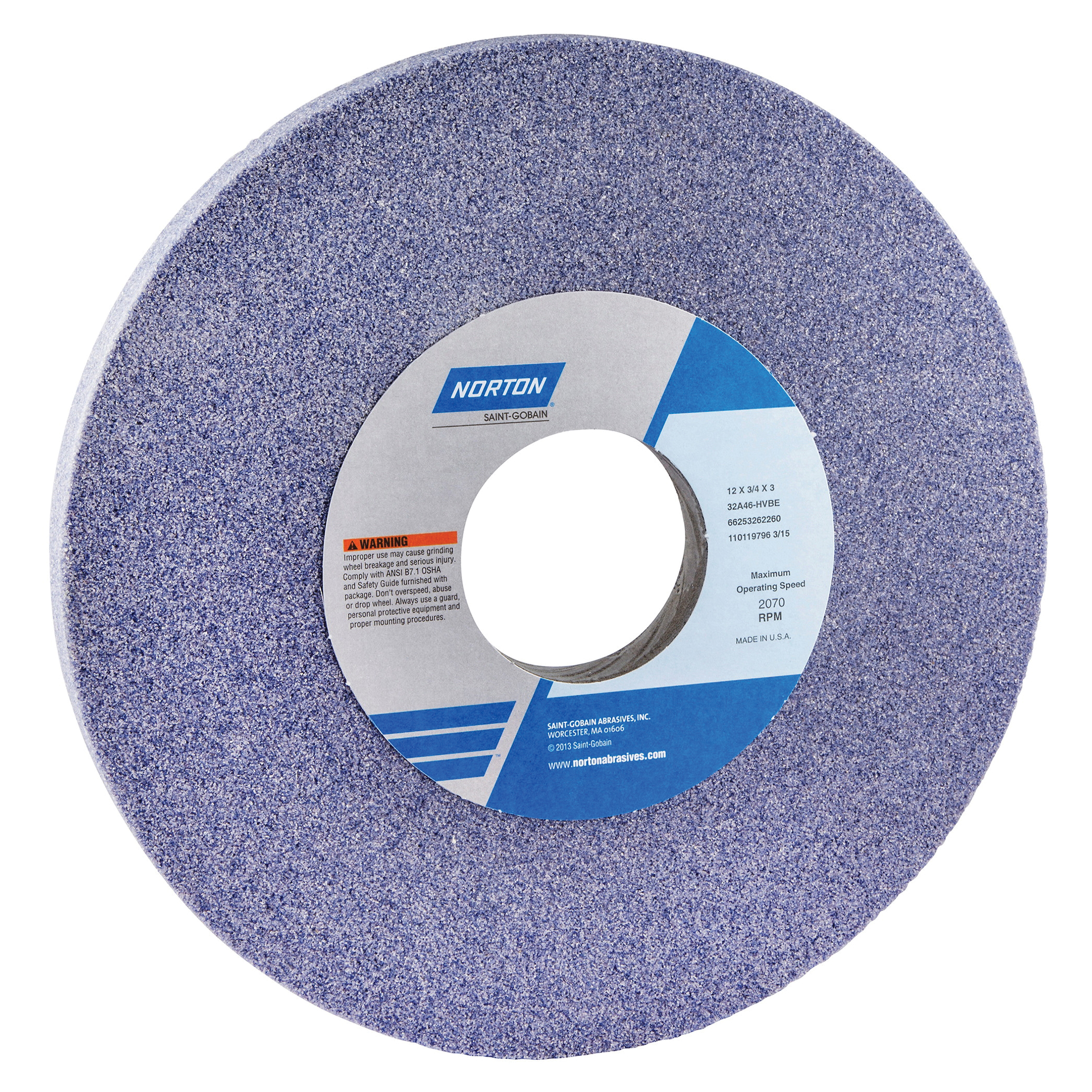 Norton® 66253262261 32A Straight Toolroom Wheel, 12 in Dia x 3/4 in THK, 3 in Center Hole, 46 Grit, Aluminum Oxide Abrasive