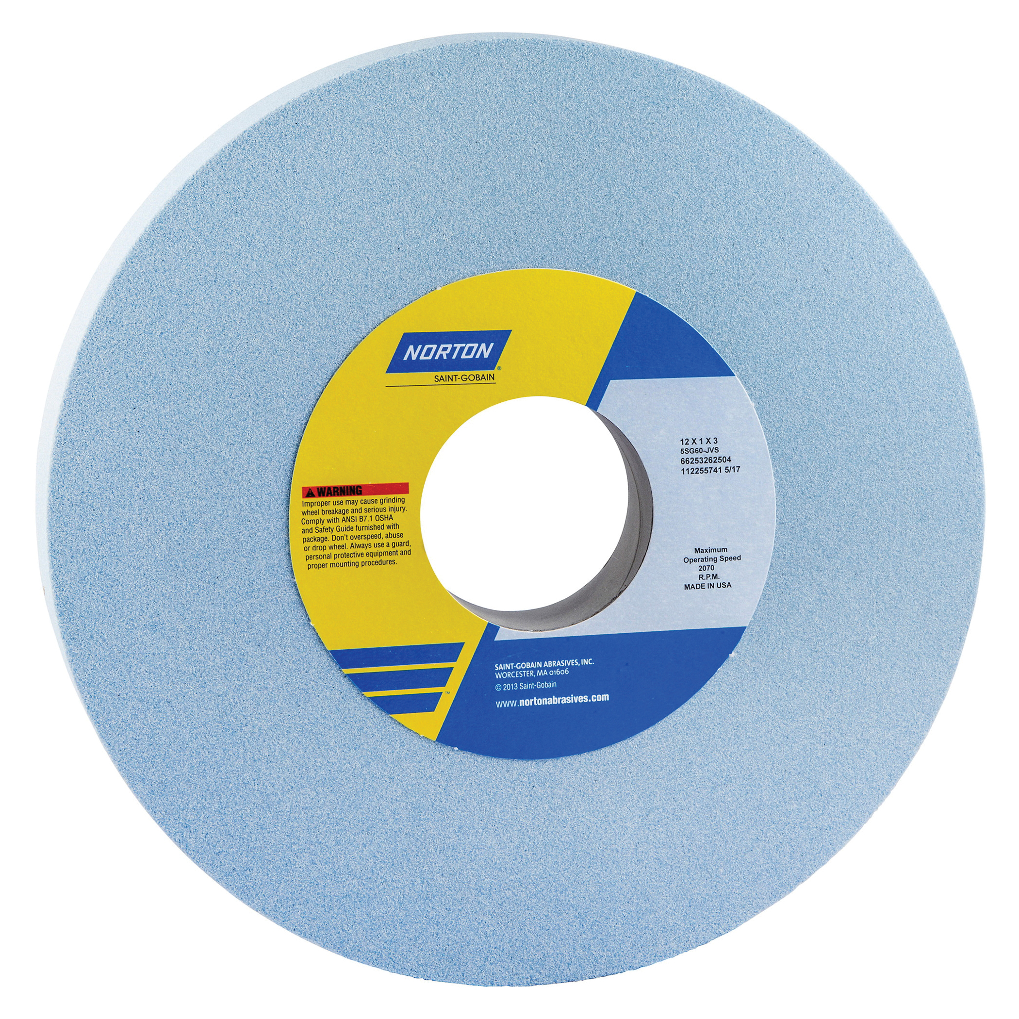Norton® 66253262500 5SG Straight Toolroom Wheel, 12 in Dia x 1 in THK, 3 in Center Hole, 46 Grit, Ceramic Alumina/Friable Aluminum Oxide Abrasive