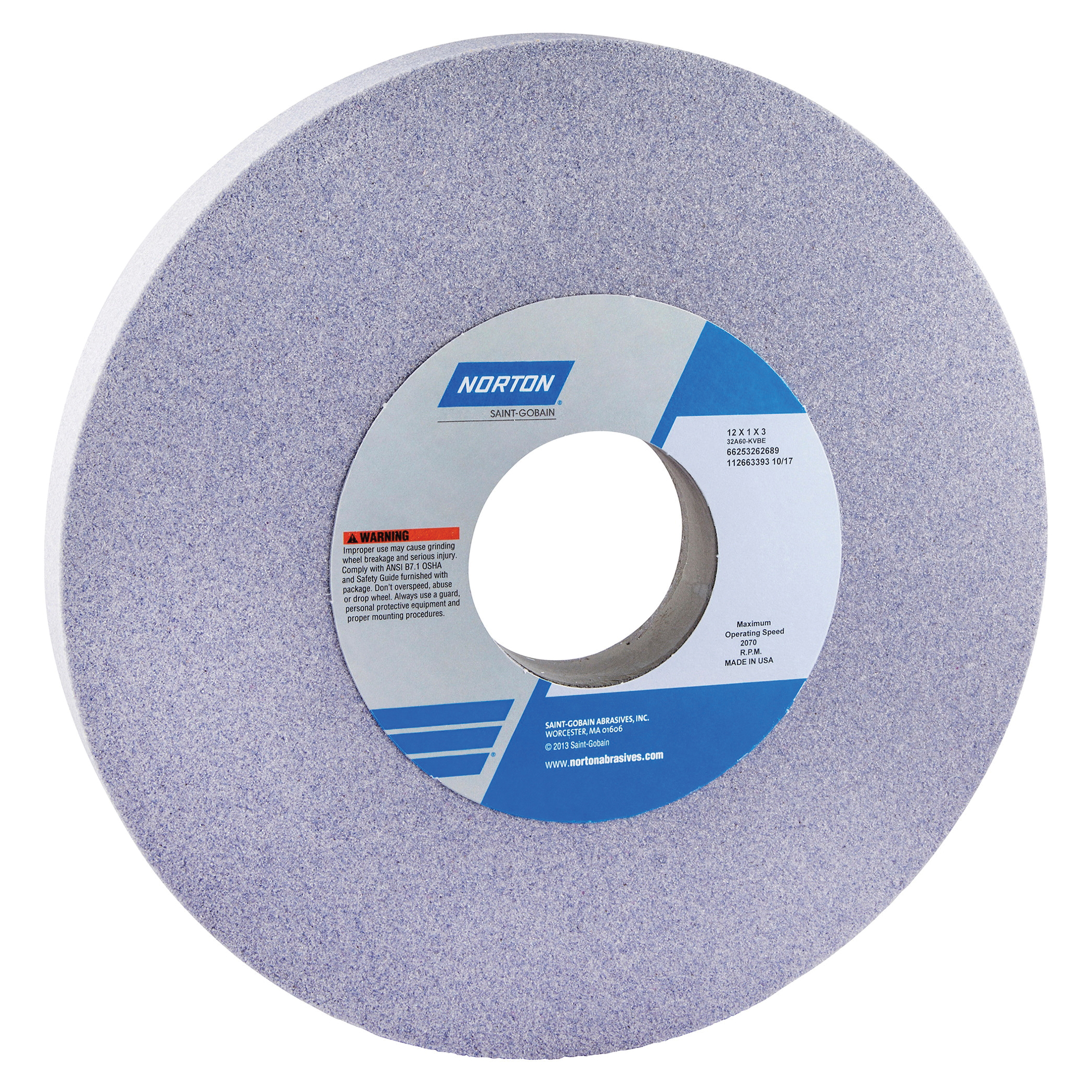 Norton® 66253262567 32A Straight Toolroom Wheel, 12 in Dia x 1 in THK, 3 in Center Hole, 46 Grit, Aluminum Oxide Abrasive