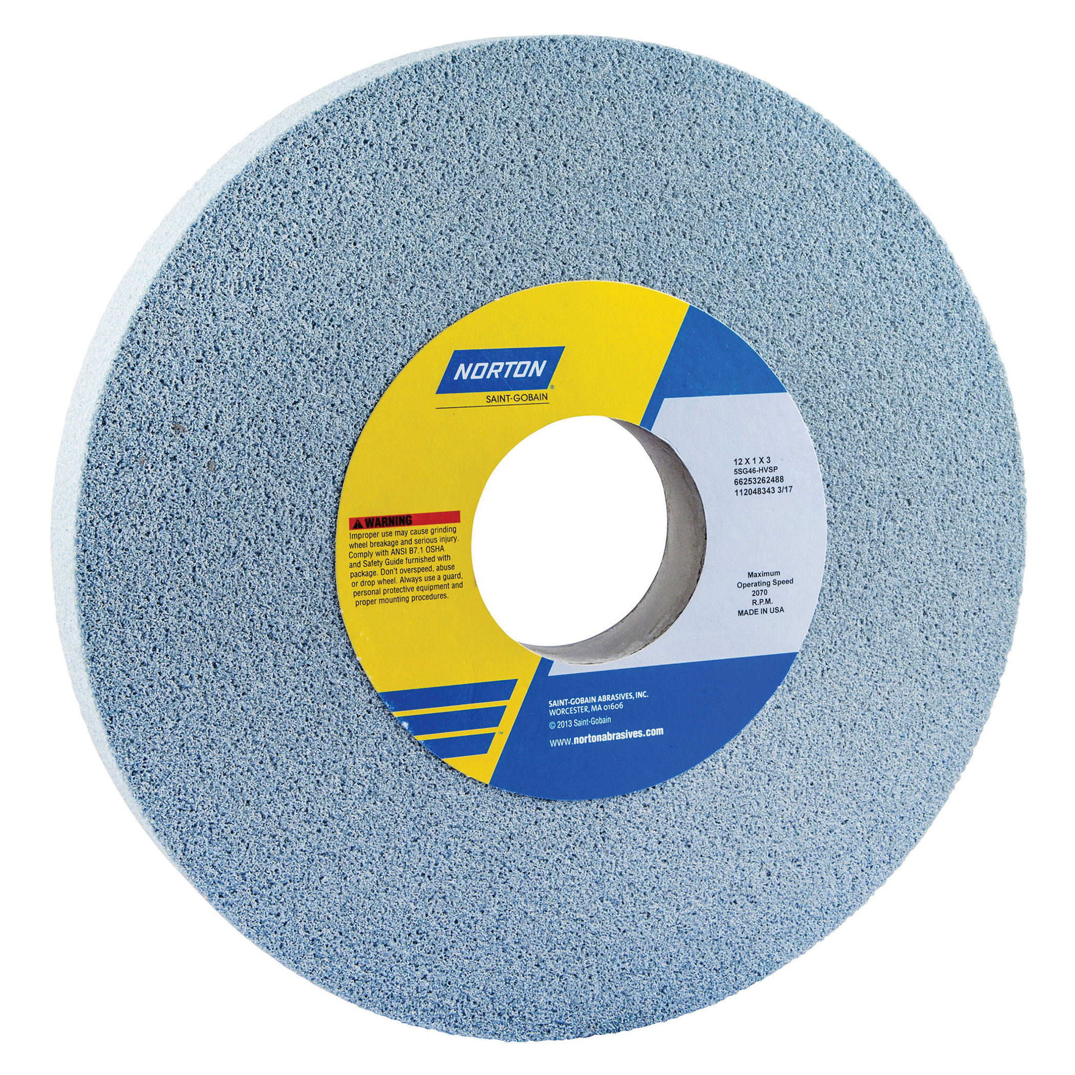 Norton® 66253262593 5SG Straight Toolroom Wheel, 12 in Dia x 1 in THK, 3 in Center Hole, 60 Grit, Ceramic Alumina/Friable Aluminum Oxide Abrasive