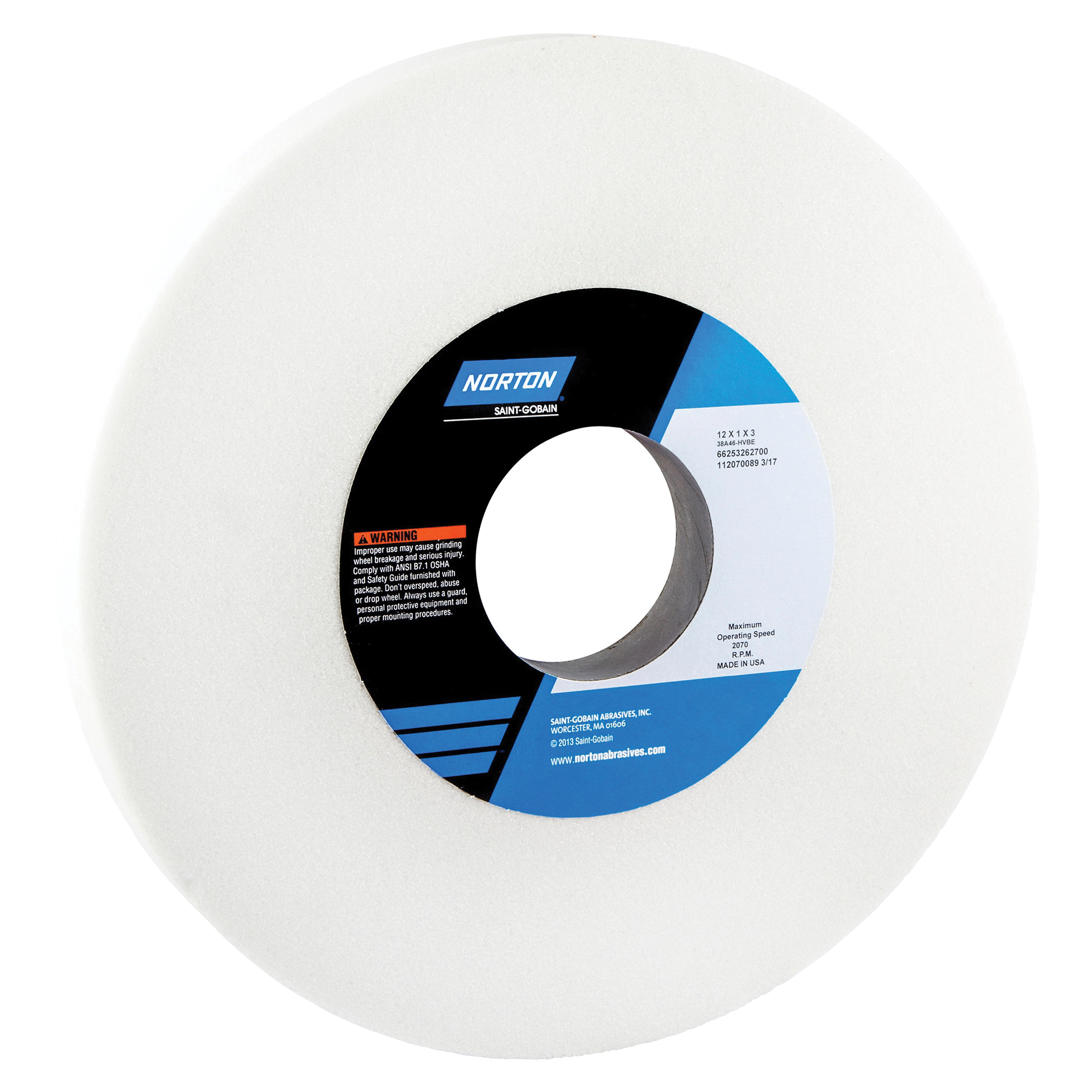 Norton® 66253262700 38A Straight Toolroom Wheel, 12 in Dia x 1 in THK, 3 in Center Hole, 46 Grit, Aluminum Oxide Abrasive