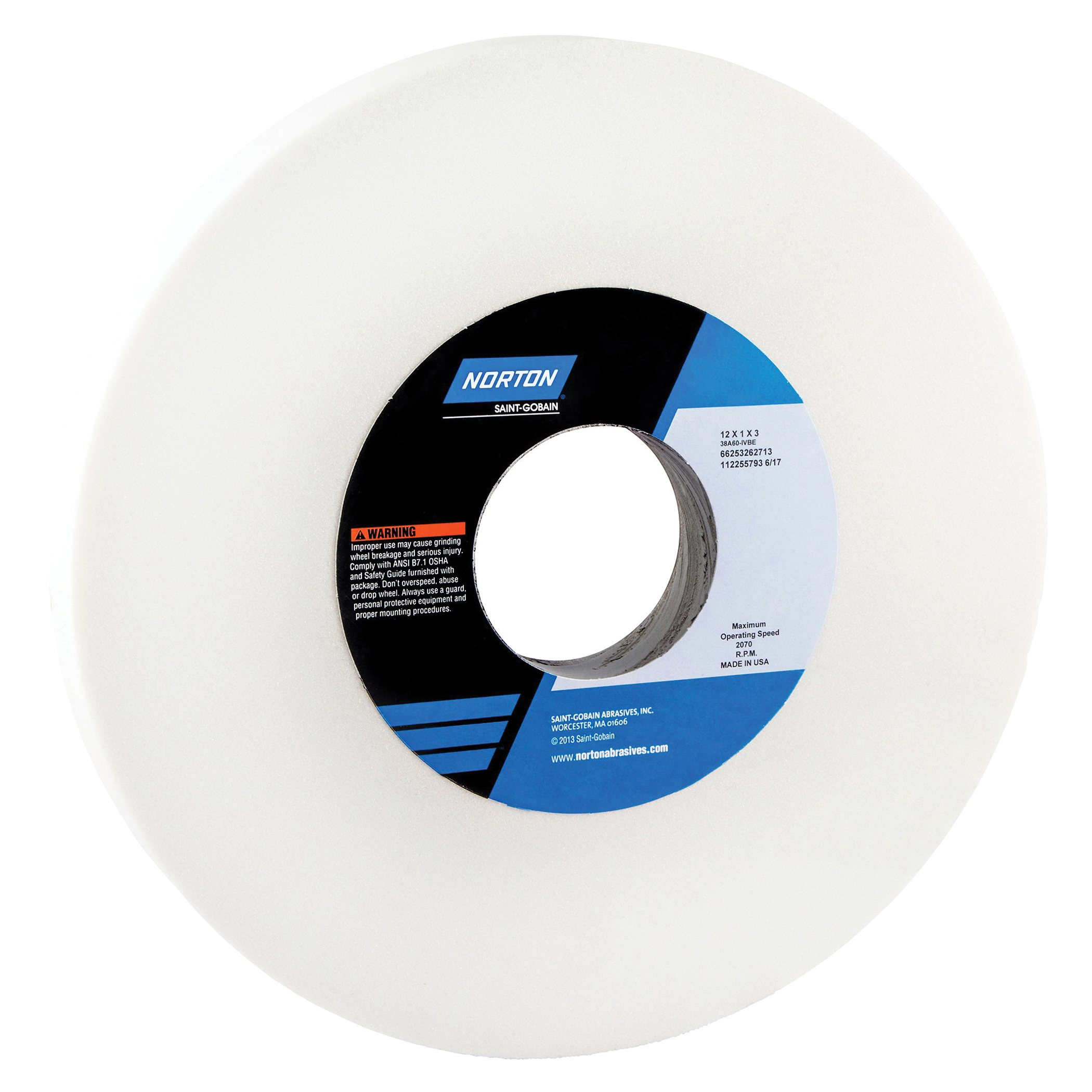 Norton® 66253262713 38A Straight Toolroom Wheel, 12 in Dia x 1 in THK, 3 in Center Hole, 60 Grit, Aluminum Oxide Abrasive