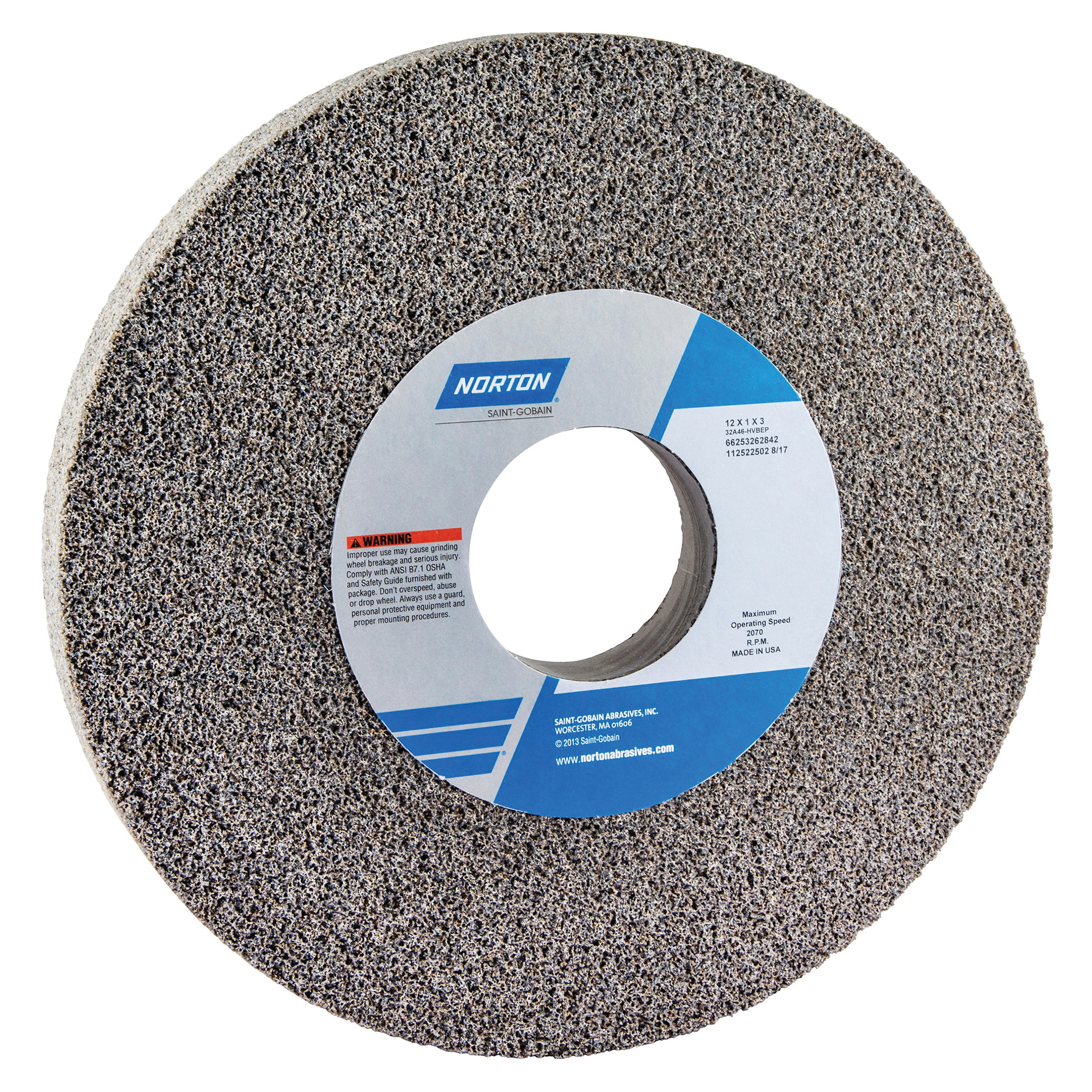 Norton® 66253262840 32A Straight Toolroom Wheel, 12 in Dia x 1 in THK, 3 in Center Hole, 46 Grit, Aluminum Oxide Abrasive