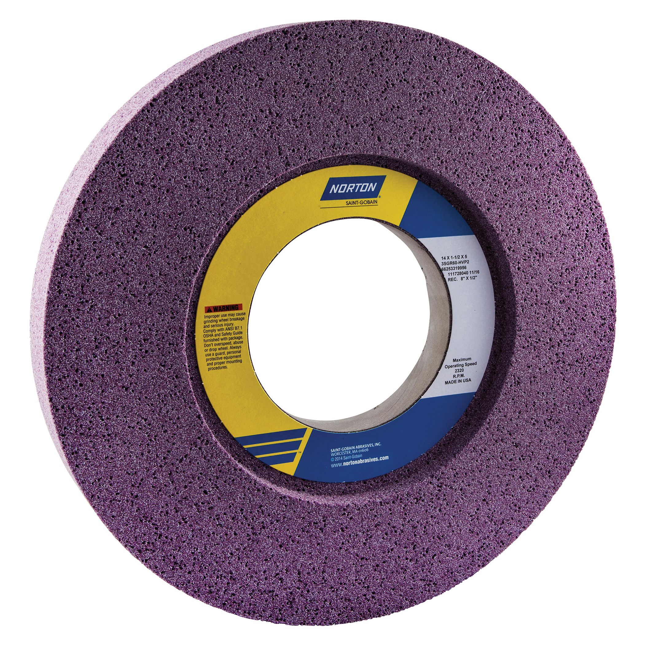 Norton® 66253319956 3SGR 1-Side Recessed Toolroom Wheel, 14 in Dia x 1-1/2 in THK, 5 in Center Hole, 60 Grit, Ceramic Alumina Abrasive