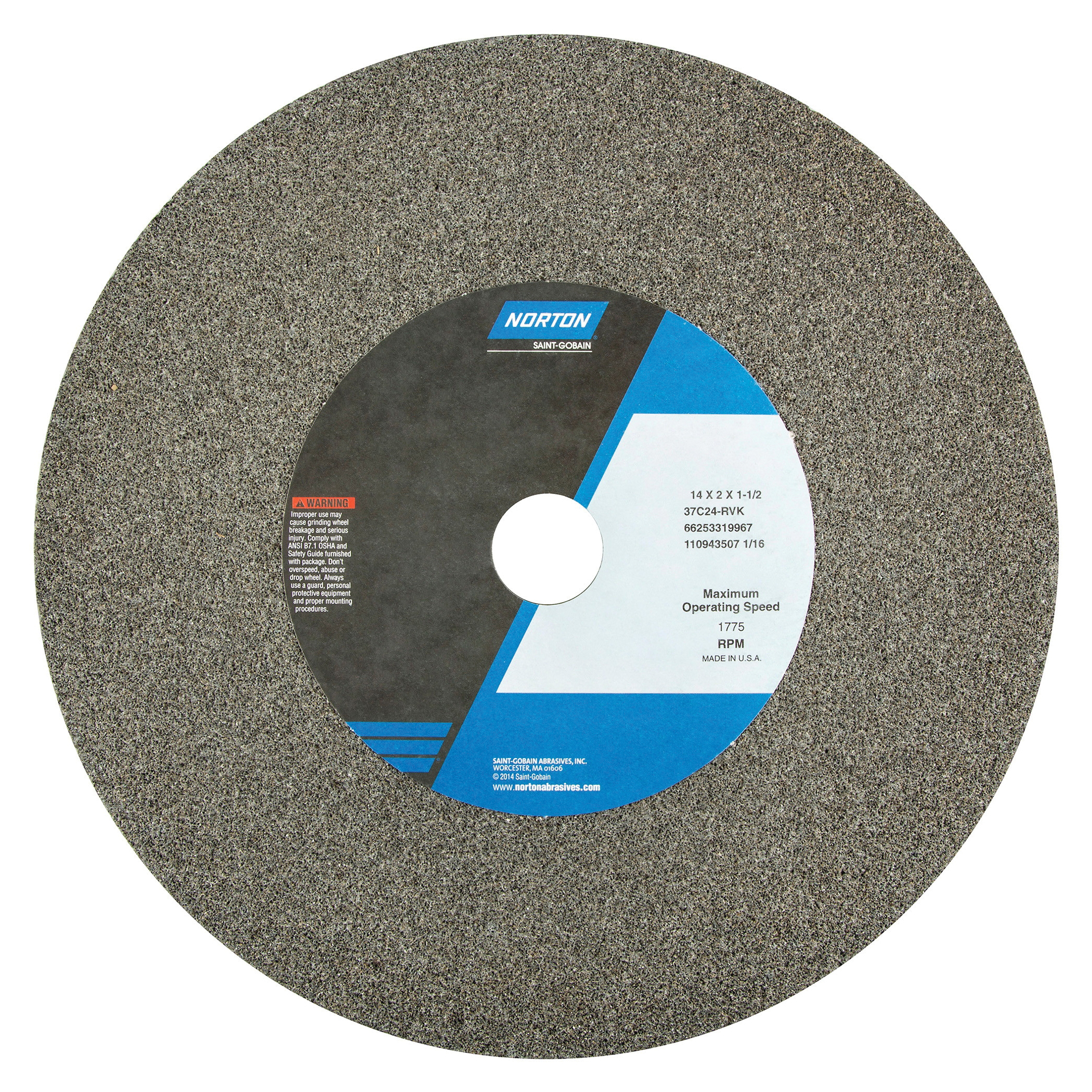 Norton® 66253319967 37C Straight Bench and Pedestal Grinding Wheel, 14 in Dia x 2 in THK, 1-1/2 in Center Hole, 24 Grit, Silicon Carbide Abrasive