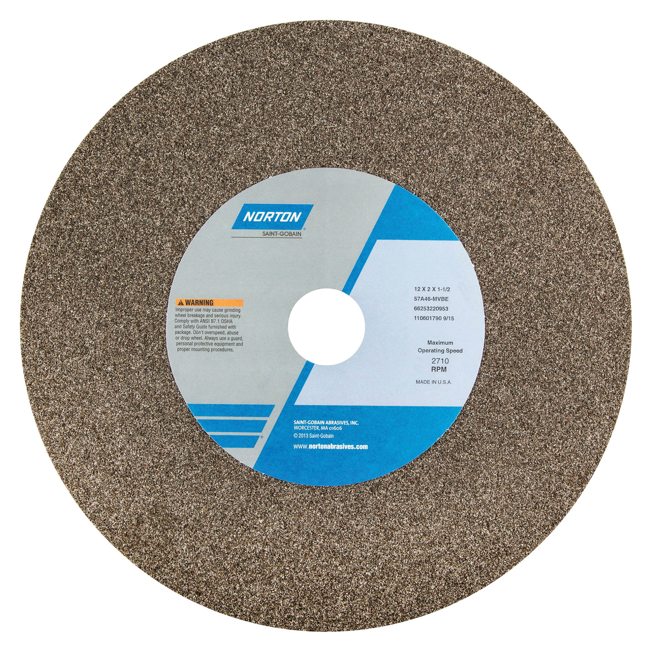Norton® 66253319974 57A Type 01 Bench and Pedestal Grinding Wheel, 14 in Dia x 2 in THK, 1-1/2 in Center Hole, 46 Grit, Aluminum Oxide Abrasive