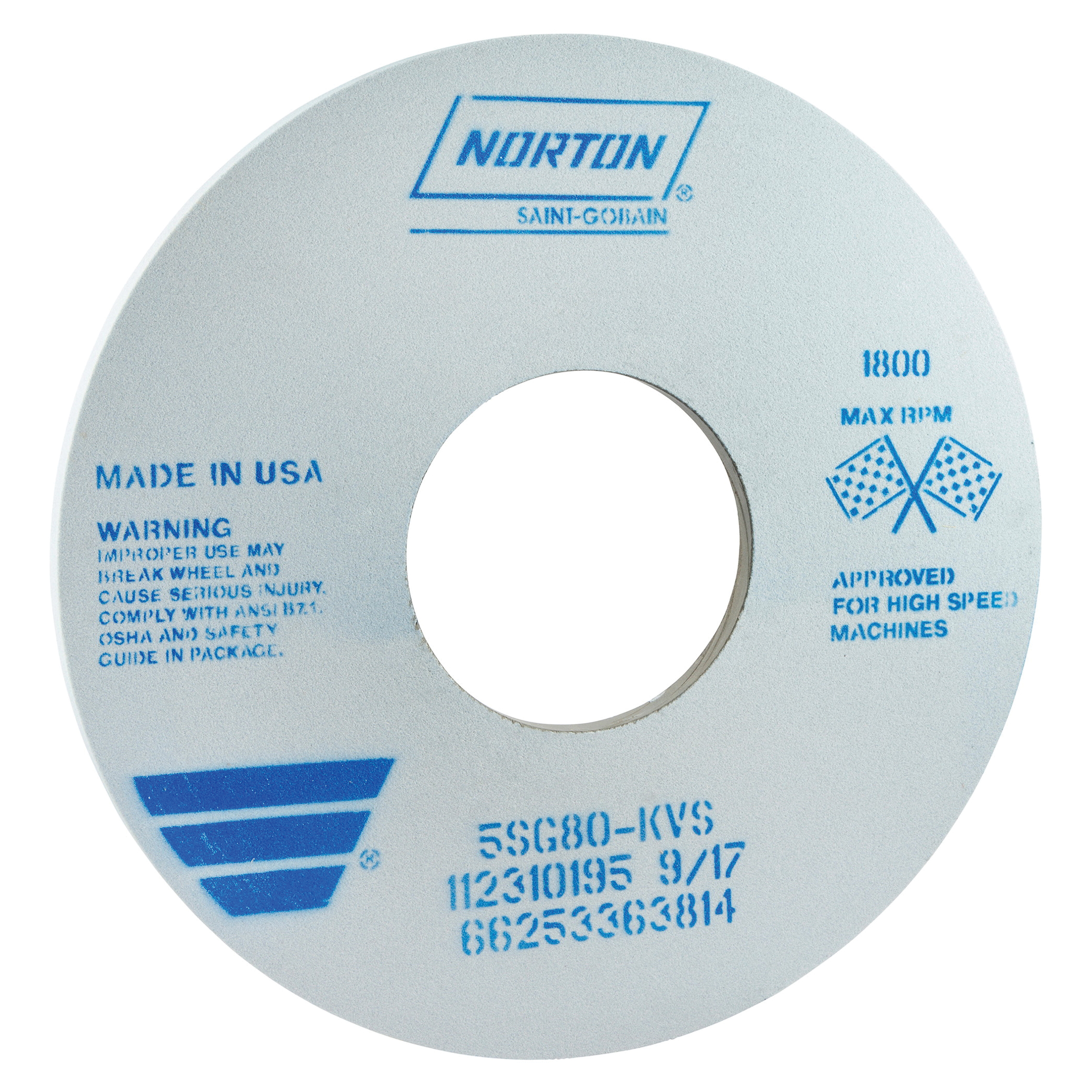 Norton® 66253363814 5SG Straight Toolroom Wheel, 14 in Dia x 1/2 in THK, 5 in Center Hole, 80 Grit, Ceramic Alumina/Friable Aluminum Oxide Abrasive
