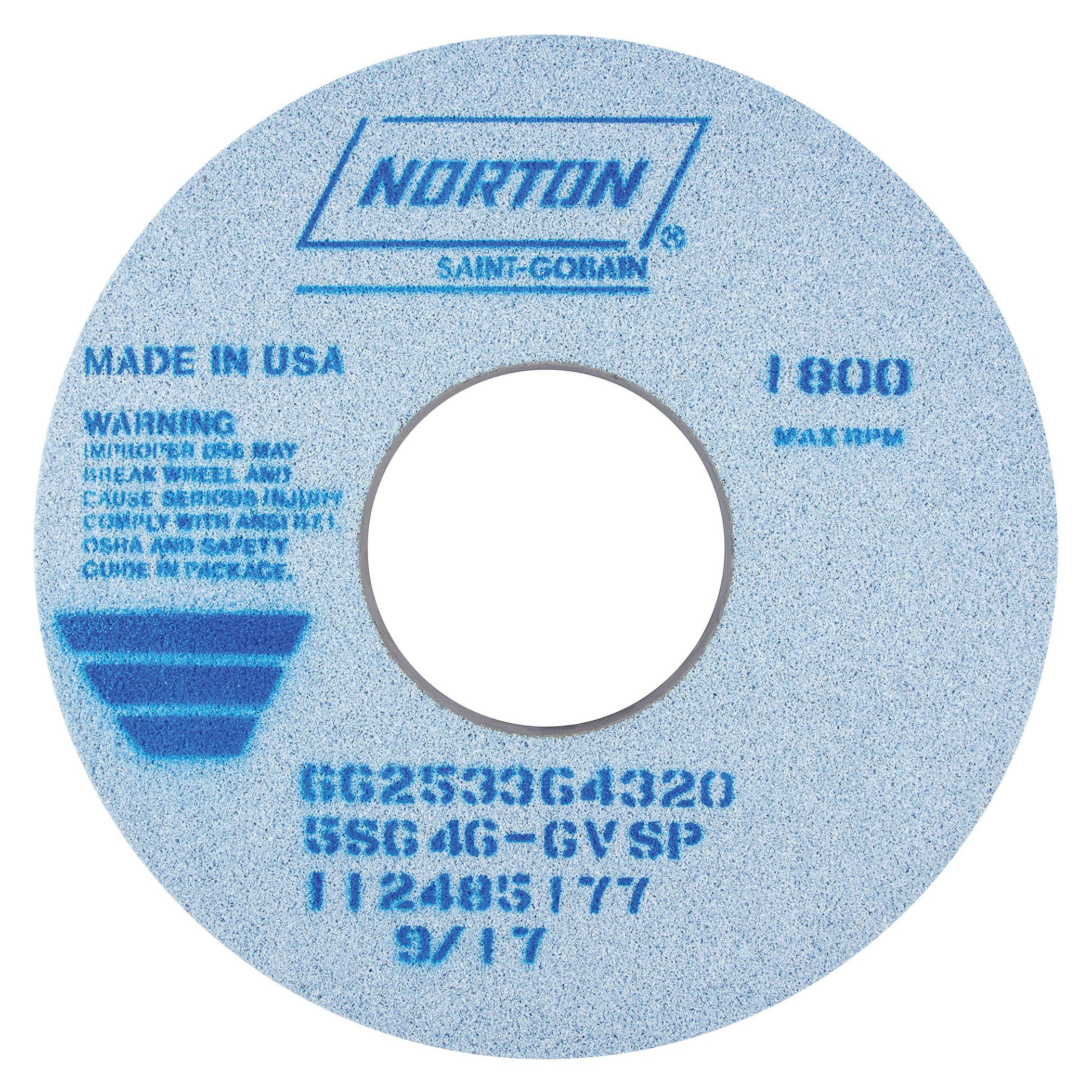 Norton® 66253364320 5SG Straight Toolroom Wheel, 14 in Dia x 1-1/2 in THK, 5 in Center Hole, 46 Grit, Ceramic Alumina/Friable Aluminum Oxide Abrasive