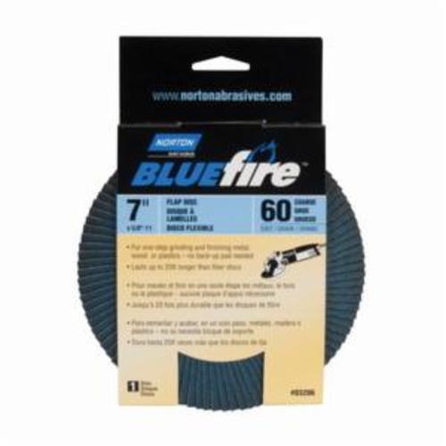 Norton® BlueFire® 66254461192 R884P Arbor Thread Standard Density Coated Abrasive Flap Disc, 7 in Dia, P60 Grit, Coarse Grade, Zirconia Alumina Plus Abrasive, Type 29/Conical Disc