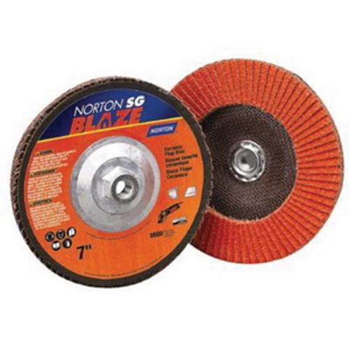 Norton® Blaze® 66261183494 R980P Center Mount Standard Density Coated Abrasive Flap Disc, 7 in Dia, 7/8 in Center Hole, 36 Grit, Extra Coarse Grade, Ceramic Alumina Abrasive, Type 29/Conical Disc
