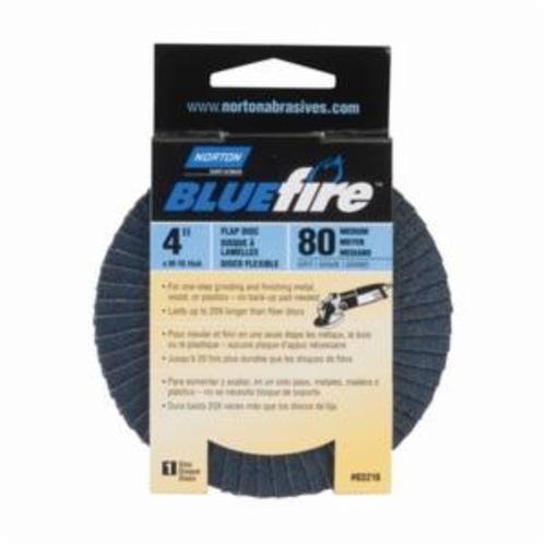 Norton® BlueFire® 66623399052 R884P Center Mount Standard Density Coated Abrasive Flap Disc, 4 in Dia, 5/8 in Center Hole, P80 Grit, Coarse Grade, Zirconia Alumina Plus Abrasive, Type 29/Conical Disc