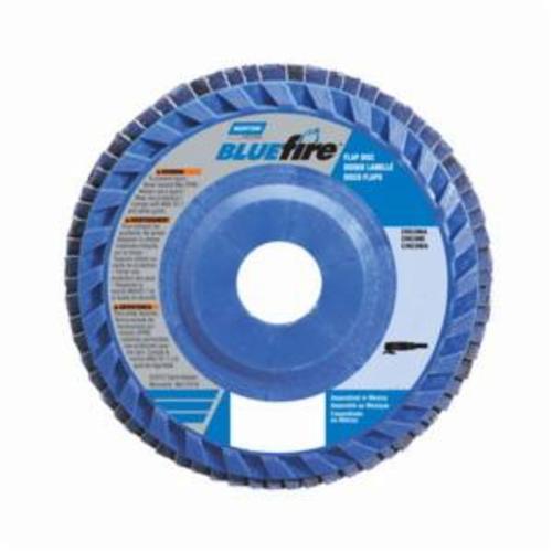 Norton® BlueFire® 66623399141 R884P Center Mount Quick-Trim Standard Density Coated Abrasive Flap Disc, 4-1/2 in Dia, 7/8 in Center Hole, P40 Grit, Extra Coarse Grade, Zirconia Alumina Plus Abrasive, Type 27/Flat Disc