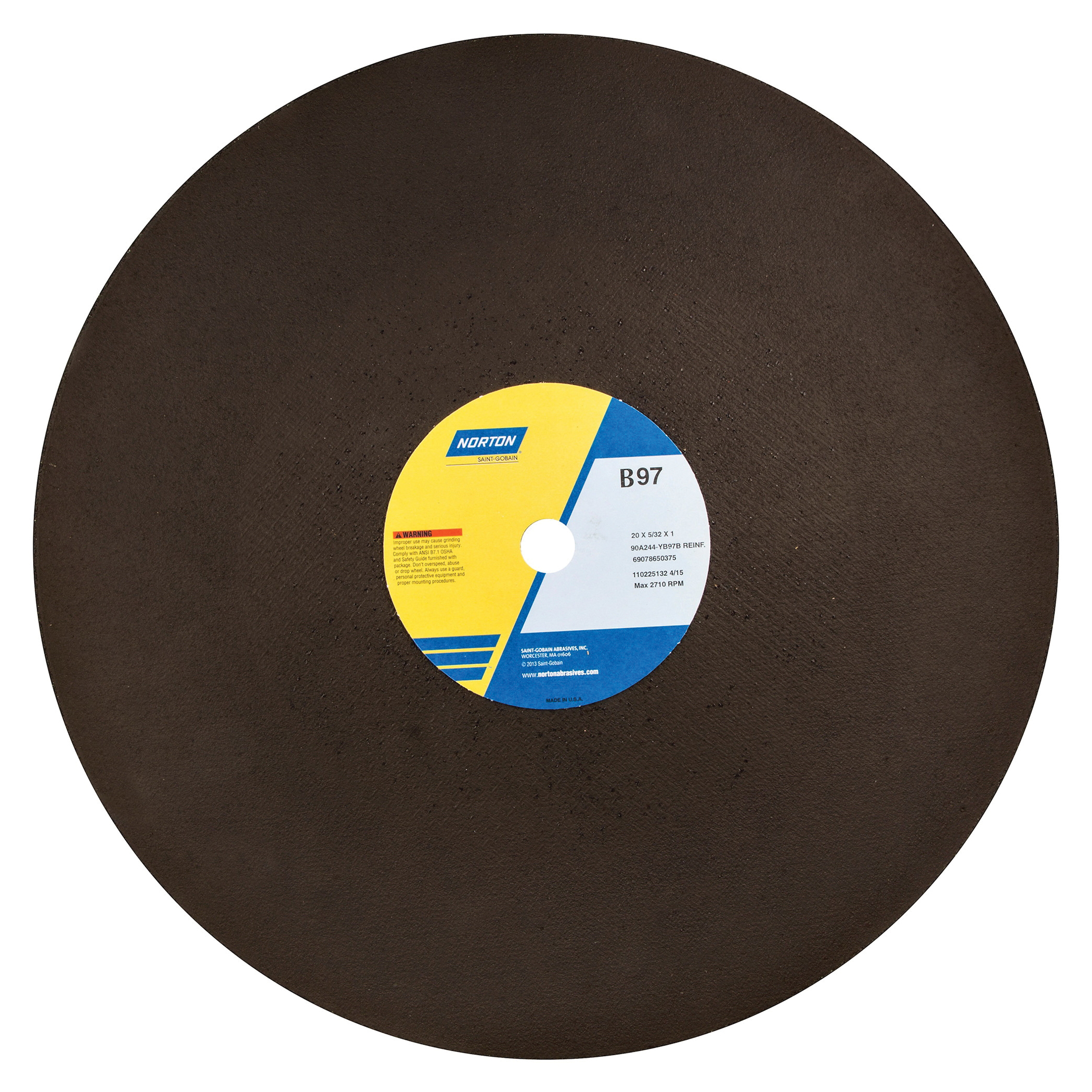 Norton® 69078650375 90A Type 01/41 Reinforced Cut-Off Wheel, 20 in Dia x 5/32 in THK, 1 in Center Hole, 24 Grit, Zirconia Alumina Blend Abrasive