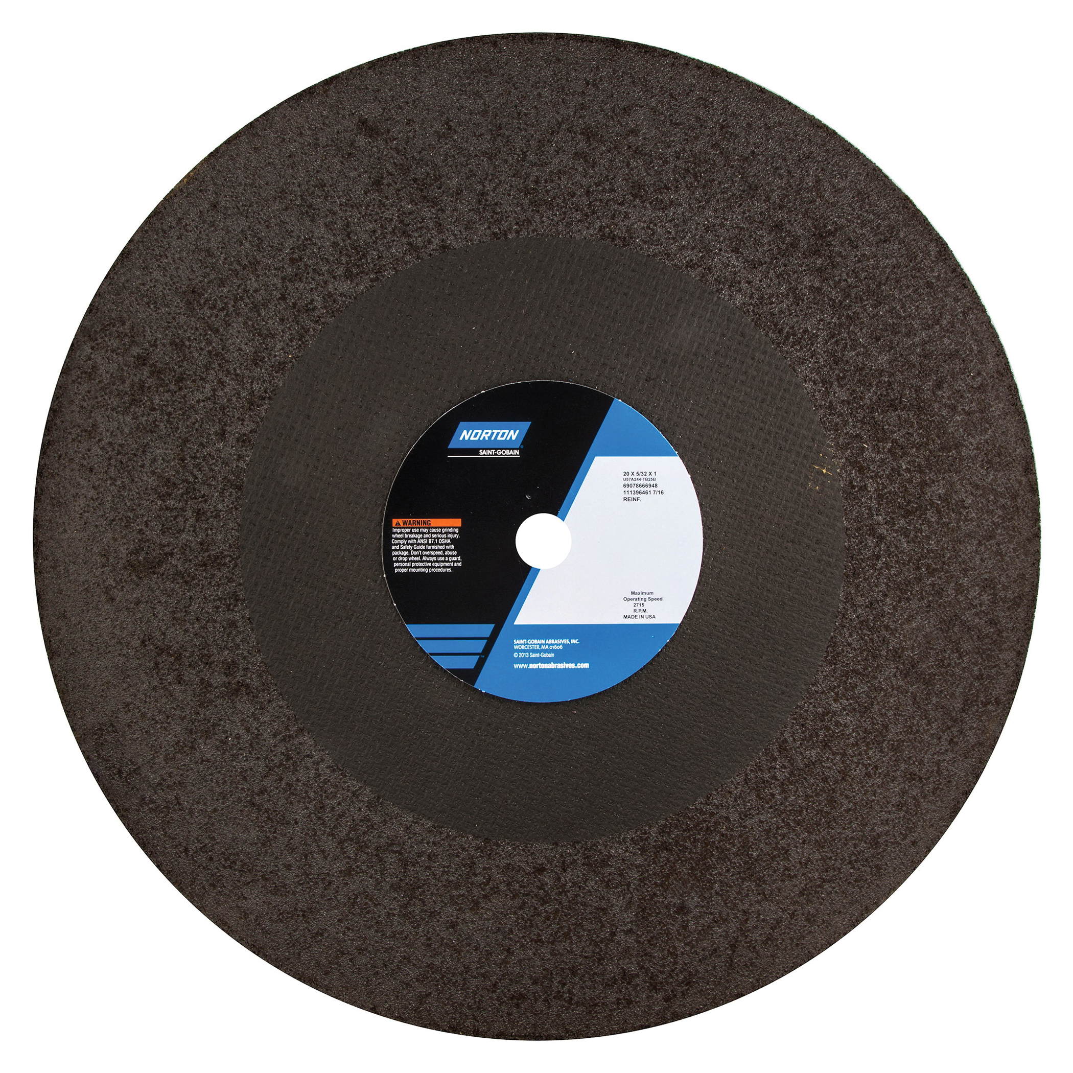 Norton® 69078666948 57A Type 01/41 Reinforced Cut-Off Wheel, 20 in Dia x 5/32 in THK, 1 in Center Hole, 24 Grit, Aluminum Oxide Abrasive