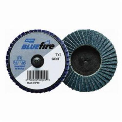 Norton® BlueFire® 77696090167 R884P Extra Heavy Duty Quick-Change TR (Type III) Coated Abrasive Flap Disc, 2 in Dia, P60 Grit, Coarse Grade, Zirconia Alumina Plus Abrasive, Type 27/Flat Disc